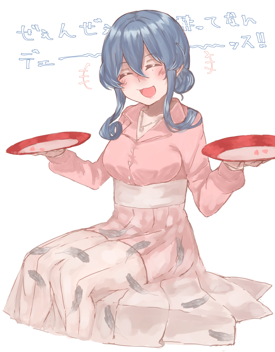 +++ 1girl ^_^ ^o^ alcohol alternate_costume az_toride blue_hair blush breasts buttons closed_eyes cup drunk gotland_(kantai_collection) hair_between_eyes highres holding holding_cup jewelry kantai_collection long_hair long_sleeves medium_breasts necklace open_mouth pink_shirt pleated_skirt sakazuki sake shirt simple_background skirt smile solo white_background white_skirt