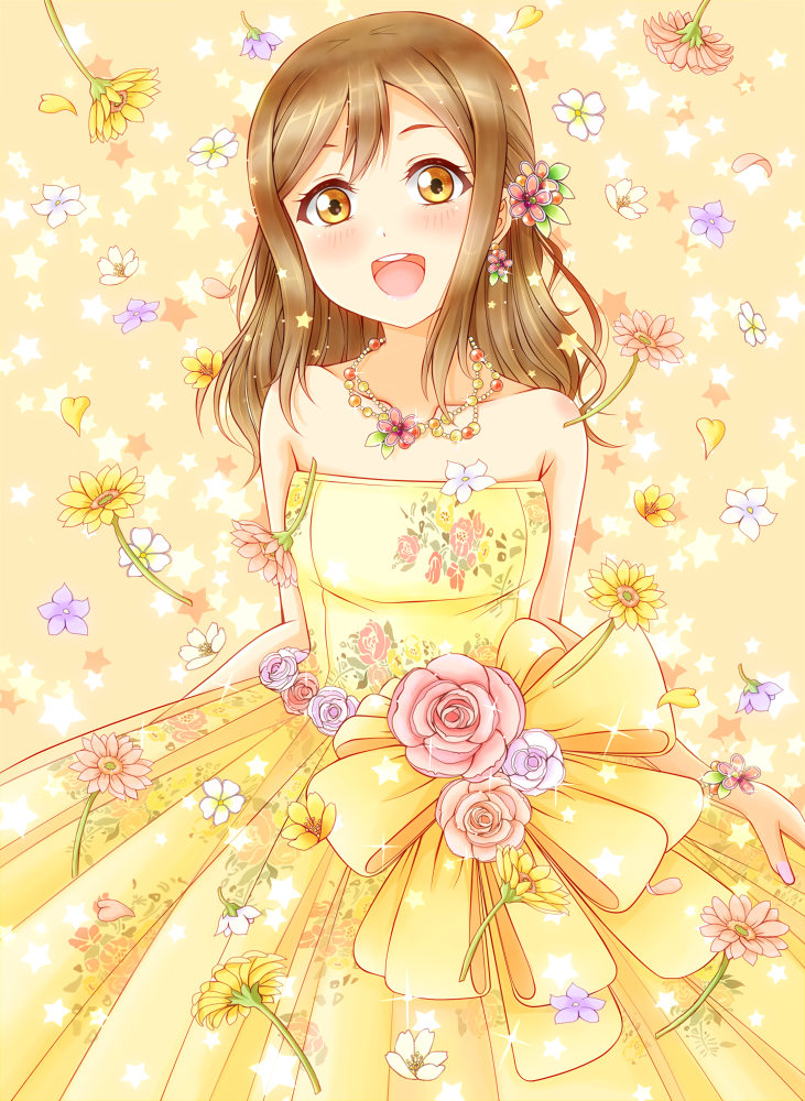 1girl :d =d bangs bare_shoulders birthday blush collarbone daisy dress floral_background floral_print flower hair_flower hair_ornament happy_birthday hiro9779 jewelry kunikida_hanamaru lavender_flower lavender_rose light_brown_hair long_hair looking_at_viewer love_live! love_live!_sunshine!! necklace open_mouth peach_rose pink_flower pink_rose red_flower rose skirt_hold smile solo star starry_background strapless strapless_dress upper_teeth wedding_dress white_lily yellow_dress yellow_eyes