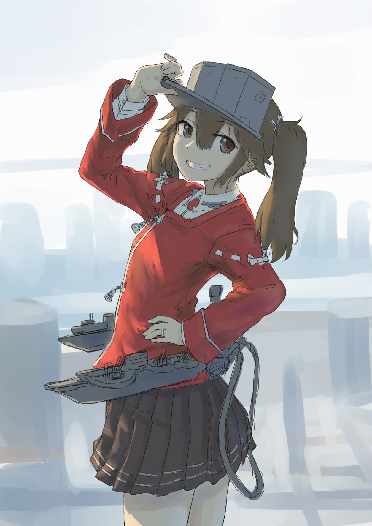 1girl adjusting_headwear brown_eyes brown_hair collared_shirt commentary cowboy_shot double_horizontal_stripe eyebrows_visible_through_hair from_side grey_headwear grin hair_ribbon hand_on_hip highres jewelry kantai_collection long_hair long_sleeves looking_at_viewer nito_(nshtntr) pleated_skirt red_shirt ribbon rigging ring ryuujou_(kantai_collection) shirt skirt smile solo standing symbol_commentary twintails visor_cap white_ribbon white_shirt wing_collar