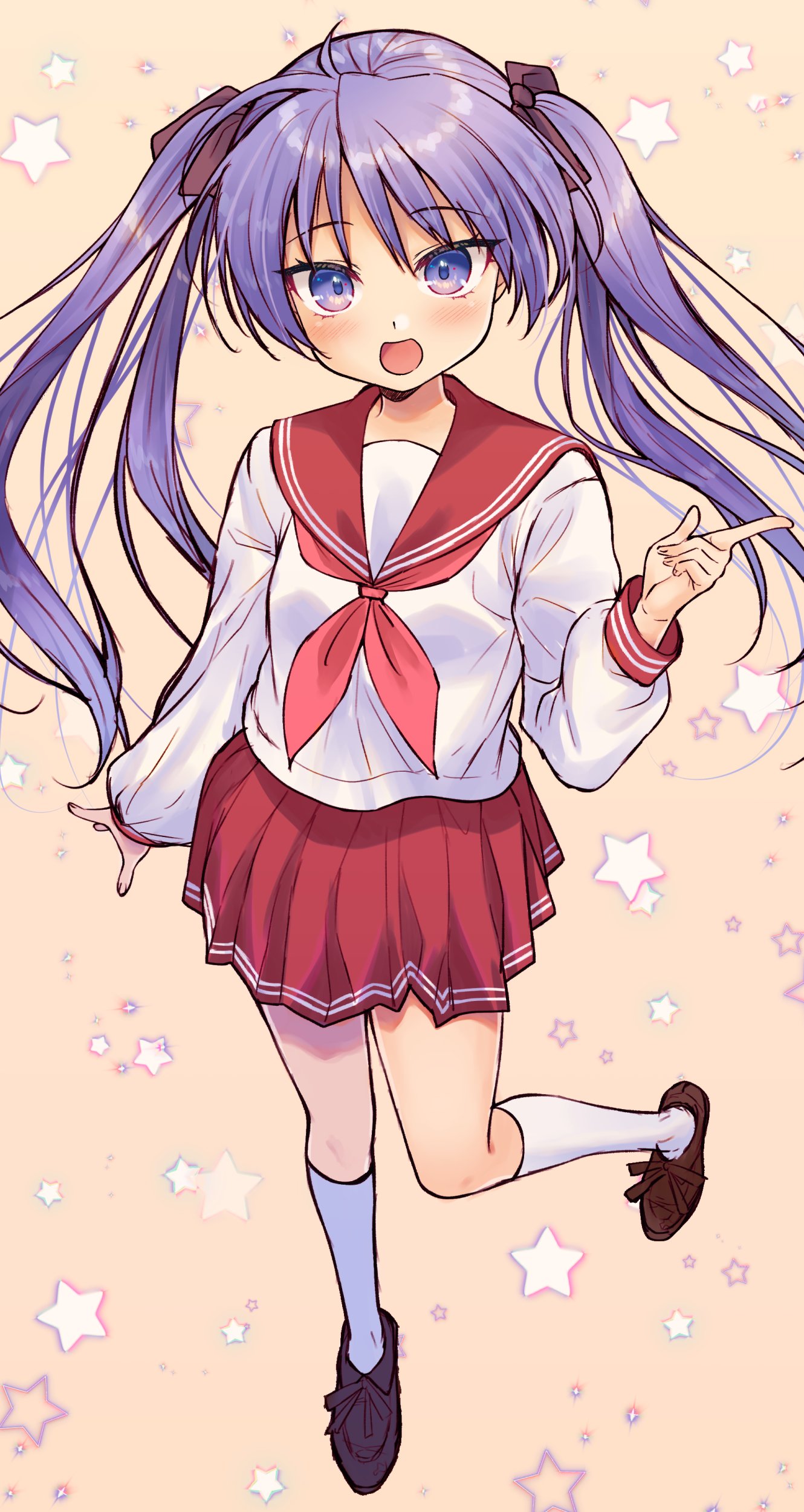 1girl absurdres beige_background blue_eyes brown_footwear full_body hair_ribbon highres hiiragi_kagami honami_(yths4221) kneehighs loafers long_hair looking_at_viewer lucky_star neckerchief open_mouth pink_neckwear pleated_skirt purple_hair red_sailor_collar red_skirt ribbon ryouou_school_uniform sailor_collar school_uniform serafuku shoes skirt smile solo standing star starry_background tsurime twintails violet_eyes white_legwear