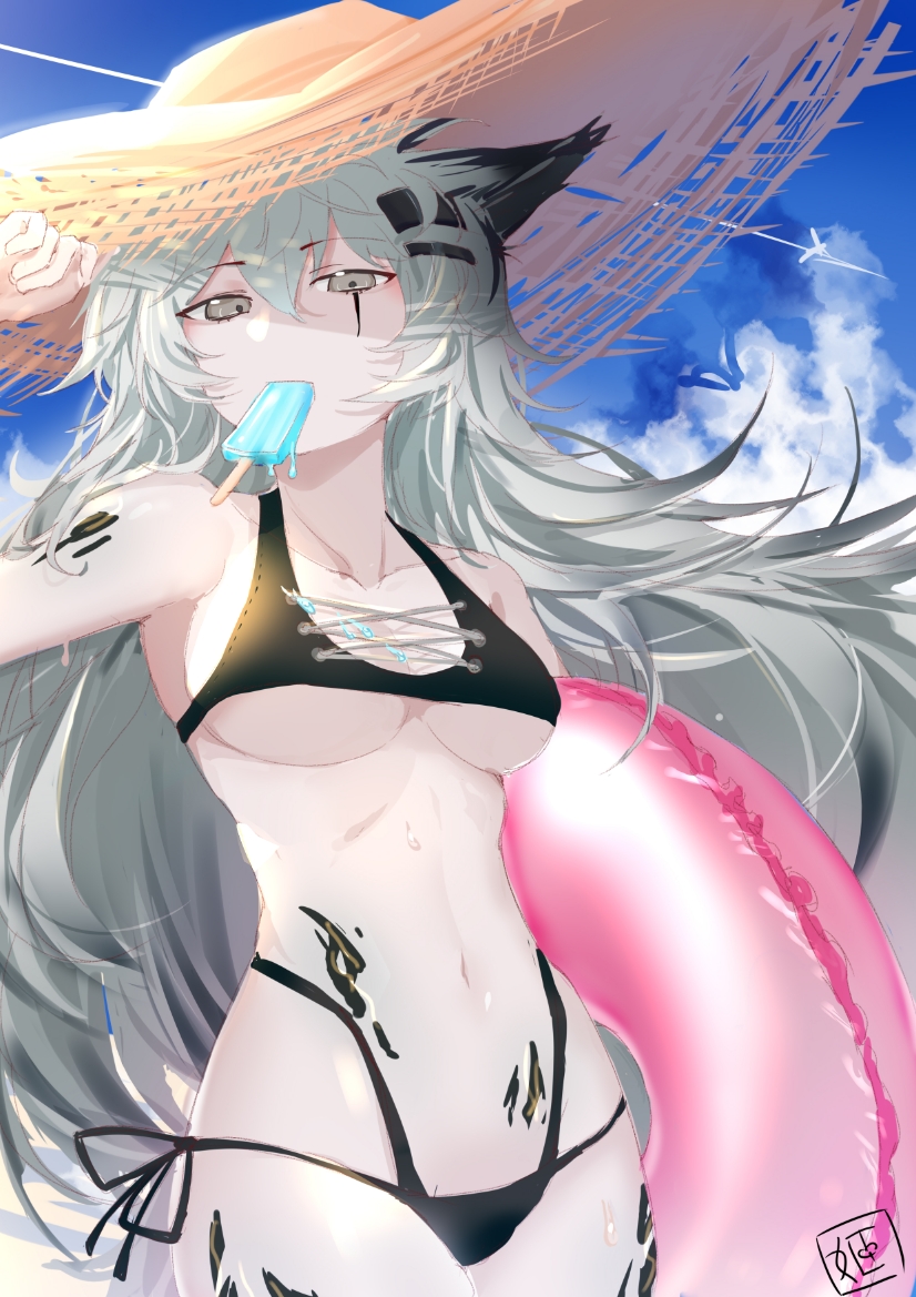 1girl animal_ears arknights arm_up armpits bare_shoulders bikini black_bikini breasts brown_eyes clouds collarbone cowboy_shot food grey_hair hat highleg highleg_bikini innertube lappland_(arknights) long_hair looking_at_viewer medium_breasts mouth_hold multi-strapped_bikini navel originium_(arknights) popsicle shibuya_(kurokamishain) side-tie_bikini sky solo stomach straw_hat swimsuit under_boob very_long_hair wolf_ears