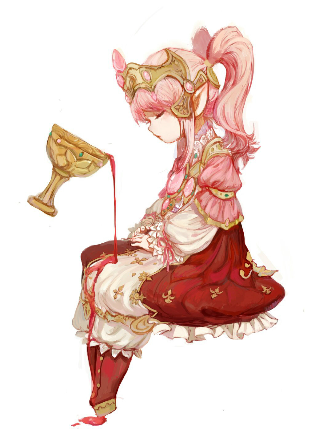 1girl bubble_skirt chalice closed_mouth dripping final_fantasy final_fantasy_xiv from_side full_body highres lalafell long_sleeves pink_hair pink_ribbon pointy_ears ponytail profile red_skirt ribbon rosette_(yankaixuan) simple_background sitting skirt solo visor_(armor) white_background white_skirt