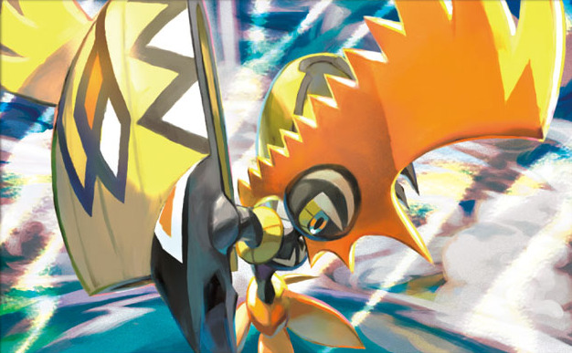 commentary creature english_commentary gen_7_pokemon kawaguchi_youhei legendary_pokemon looking_down multiple_sources no_humans official_art pokemon pokemon_(creature) pokemon_trading_card_game solo tapu_koko third-party_source