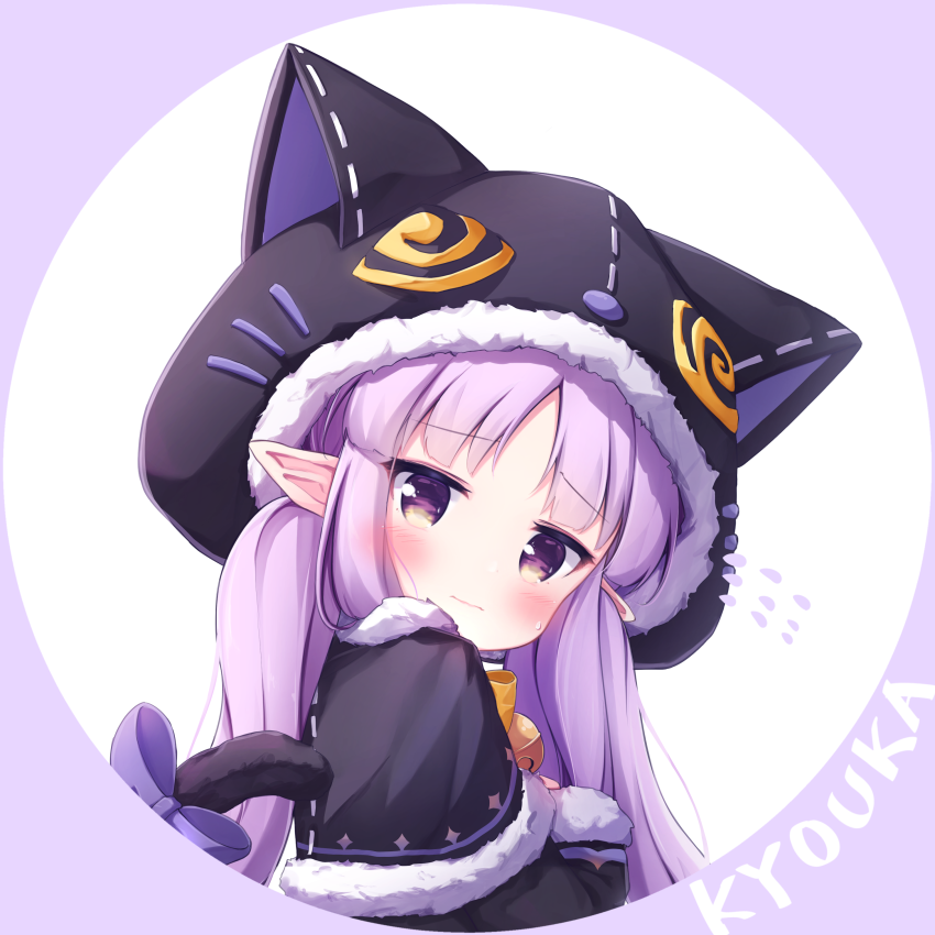 1girl animal_ears animal_hood bangs bell black_capelet blush bow brown_bow capelet cat_ears cat_hood cat_tail character_name closed_mouth eyebrows_visible_through_hair fake_animal_ears flying_sweatdrops fur-trimmed_capelet fur-trimmed_hood fur-trimmed_sleeves fur_trim hikawa_kyouka hood hood_up hooded_capelet jingle_bell long_hair long_sleeves looking_at_viewer looking_to_the_side low_twintails parted_bangs pointy_ears princess_connect! princess_connect!_re:dive purple_background purple_bow purple_hair solo sweat tail tail_bow tail_raised tokenbox twintails two-tone_background violet_eyes wavy_mouth white_background