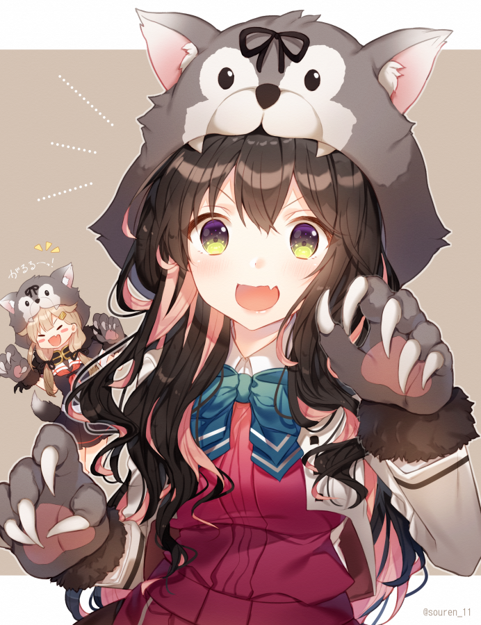 2girls animal_hood aqua_neckwear bangs black_hair blonde_hair blush breasts dog_hood dress fang gloves hair_flaps hair_ornament hair_ribbon hiiragi_souren hood jacket kantai_collection long_hair long_sleeves multicolored_hair multiple_girls naganami_(kantai_collection) open_mouth paw_gloves paw_pose paws pink_hair red_neckwear remodel_(kantai_collection) ribbon sailor_collar school_uniform serafuku simple_background skin_fang tail twitter_username two-tone_hair yuudachi_(kantai_collection)