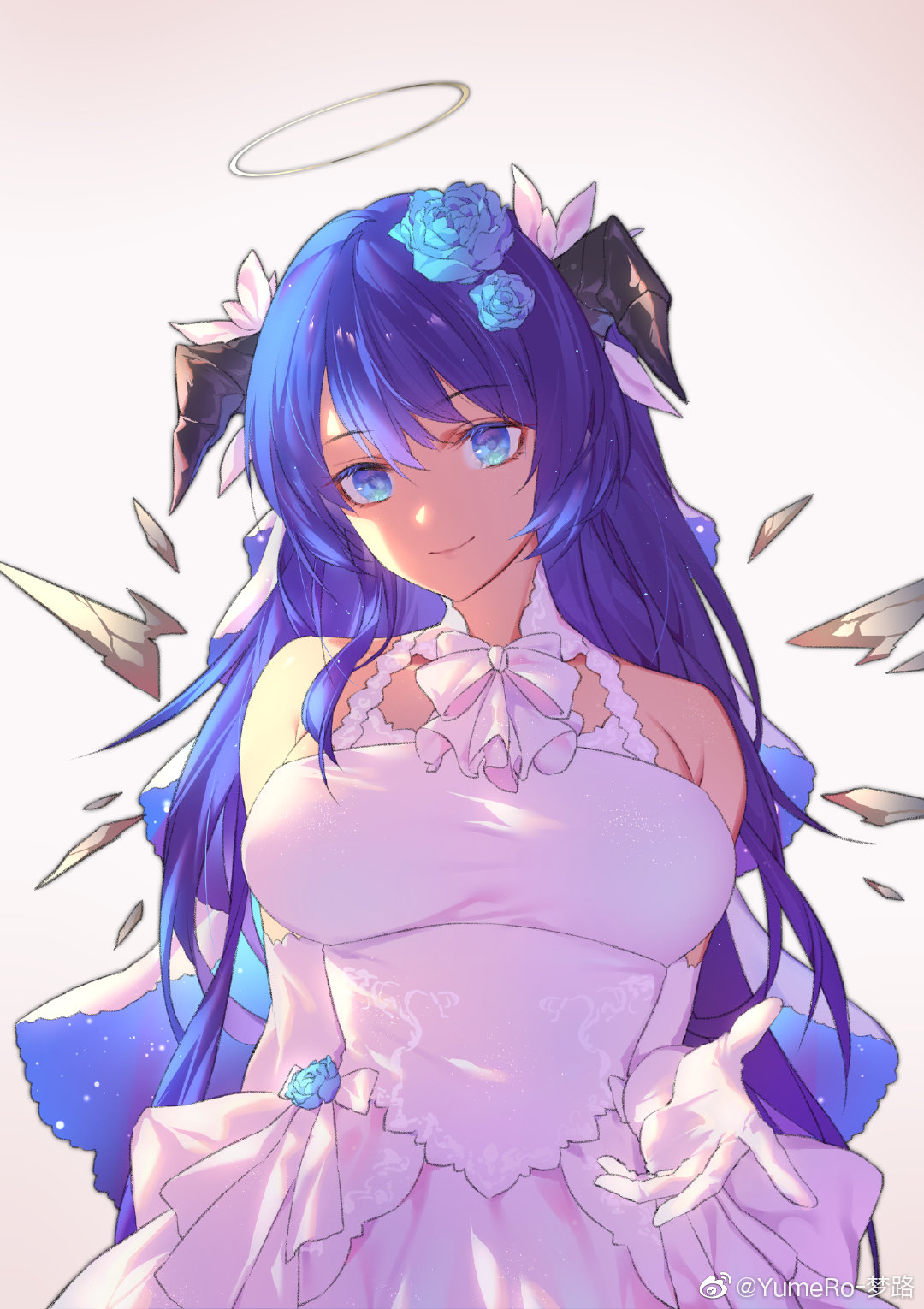 1girl arknights blue_eyes blue_hair breasts closed_mouth dress elbow_gloves flower gloves gradient gradient_background hair_flower hair_ornament halo highres horns large_breasts long_hair mostima_(arknights) simple_background smile solo wedding_dress weibo_username white_dress white_gloves yumero