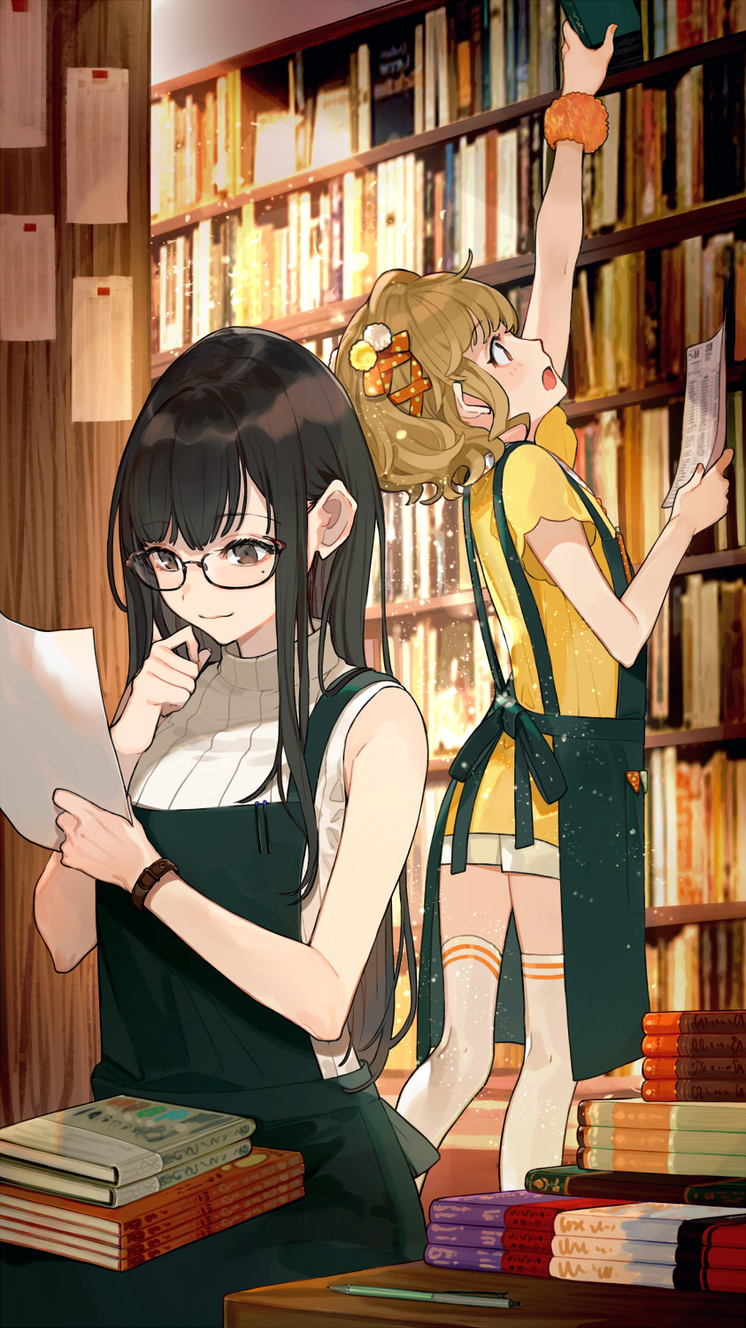 2girls apron arm_up black-framed_eyewear black_hair blush book book_stack bookshelf brown_eyes brown_hair closed_mouth commentary_request copyright_request glasses green_apron highres holding indoors long_hair mechanical_pencil mole mole_under_eye multiple_girls official_art open_mouth pencil pleated_skirt profile reaching ribbed_shirt semi-rimless_eyewear shirt short_sleeves sitting skirt sleeveless sleeveless_shirt smile standing thigh-highs under-rim_eyewear very_long_hair white_legwear white_shirt white_skirt yellow_shirt yuu_(higashi_no_penguin)
