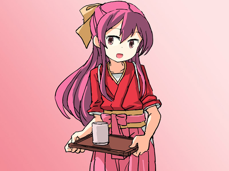 1girl adrian_ferrer bow commentary cowboy_shot cup english_commentary gradient gradient_background hair_bow hakama japanese_clothes kamikaze_(kantai_collection) kantai_collection kimono long_hair meiji_schoolgirl_uniform pink_hakama purple_hair red_background red_kimono solo standing tasuki tray violet_eyes yellow_bow yunomi