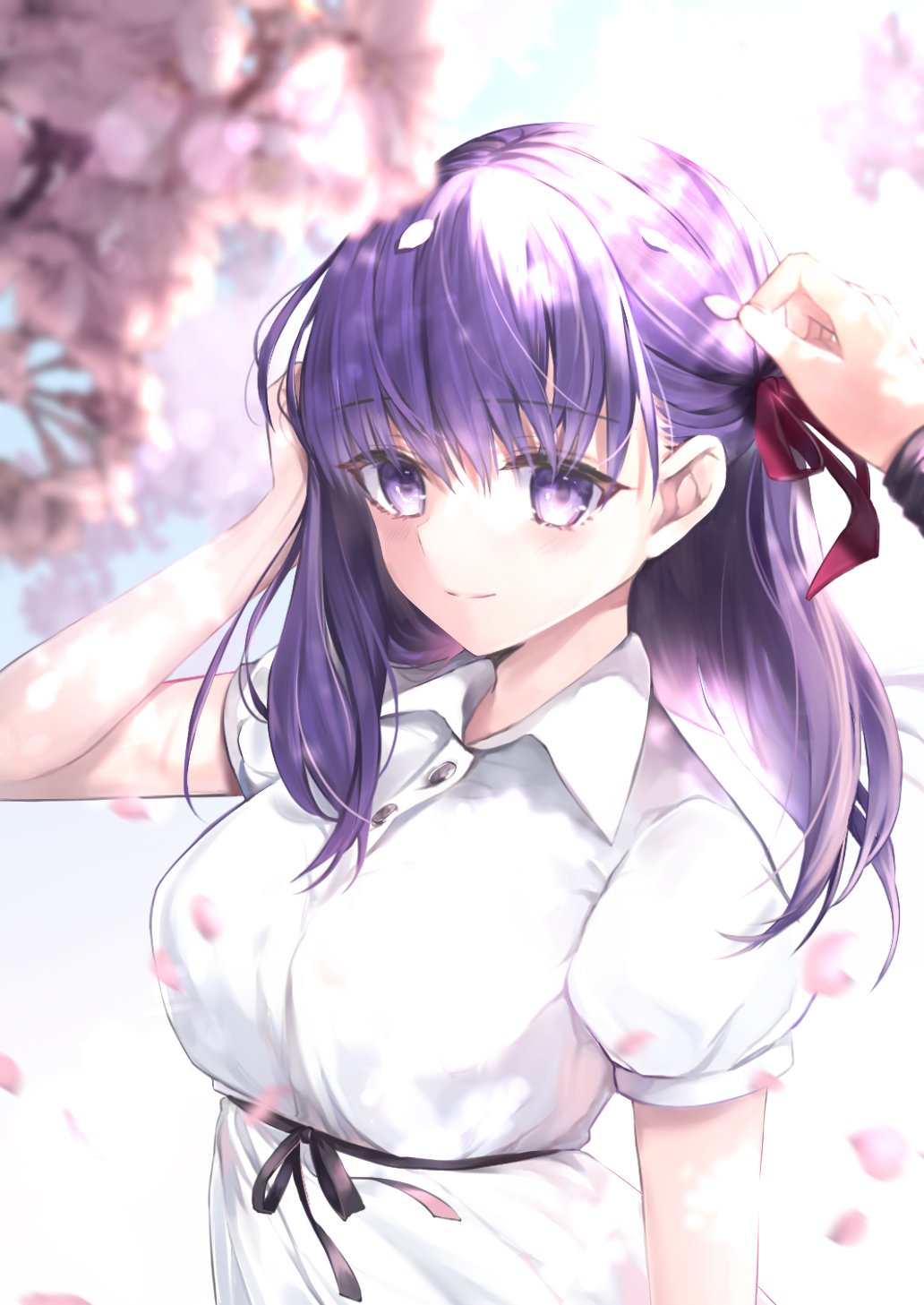 1girl bangs black_ribbon blurry_foreground breasts commentary_request dress eyebrows_visible_through_hair fate/stay_night fate_(series) hair_ribbon hane_yuki highres large_breasts long_hair looking_at_viewer matou_sakura purple_hair red_ribbon ribbon smile solo_focus violet_eyes