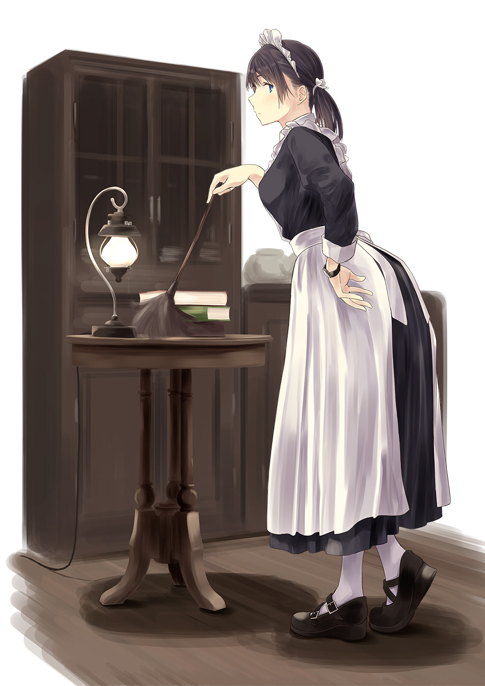 1girl apron bangs black_dress black_footwear black_hair blue_eyes book_stack bow breasts commentary_request dress duster full_body hair_bow highres hiwatari_rin holding indoors juliet_sleeves lamp long_hair long_sleeves low_ponytail maid maid_apron maid_headdress medium_breasts original pantyhose pleated_dress ponytail puffy_sleeves shoes solo standing table white_apron white_background white_bow white_legwear