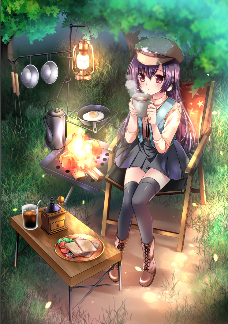 1girl barbecue black_legwear black_skirt blowing boots bowl camping chair commentary_request cup eyebrows_visible_through_hair fire folding_chair folding_table frying_pan grass green_vest hair_between_eyes hat holding holding_cup lantern long_hair long_sleeves original outdoors peaked_cap plaid plaid_skirt plate pot purple_hair sakurano_tsuyu shirt sitting skirt solo steam sunny_side_up_egg thigh-highs tree vest violet_eyes wood yellow_shirt zettai_ryouiki