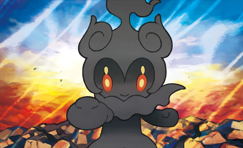 andou_emi blue_sky brown_eyes closed_mouth commentary creature day english_commentary gen_7_pokemon looking_at_viewer marshadow multiple_sources no_humans official_art outdoors pokemon pokemon_(creature) pokemon_trading_card_game rock sky smile solo standing third-party_source upper_body