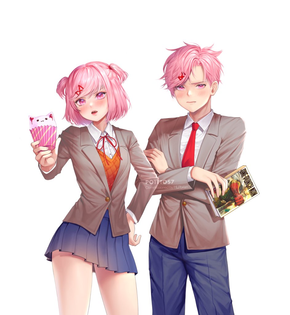 1boy 1girl artist_name blue_pants blue_skirt blush commentary commission cowboy_shot crossed_arms cupcake doki_doki_literature_club fang fang_out food frown genderswap genderswap_(ftm) grey_jacket hair_ornament hairclip hand_on_hip jacket long_sleeves looking_at_viewer manga_(object) natsuki_(doki_doki_literature_club) necktie one-punch_man open_mouth pants pink_eyes pink_hair pink_nails pleated_skirt potetos7 red_neckwear school_uniform shirt short_hair simple_background skirt symbol_commentary two_side_up watermark white_background white_shirt wing_collar