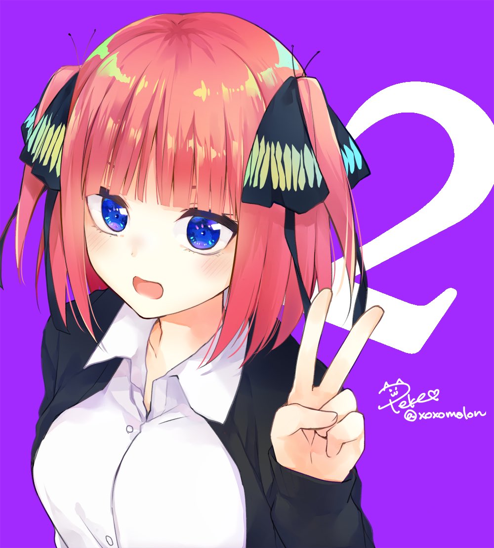 1girl 2 artist_name bangs black_jacket blue_eyes blush butterfly_hair_ornament collared_shirt commentary_request go-toubun_no_hanayome hair_ornament hair_ribbon hand_up jacket long_sleeves looking_at_viewer medium_hair nakano_nino open_mouth peke_(xoxopeke) print_ribbon purple_background redhead ribbon shirt simple_background solo twitter_username two_side_up v white_shirt