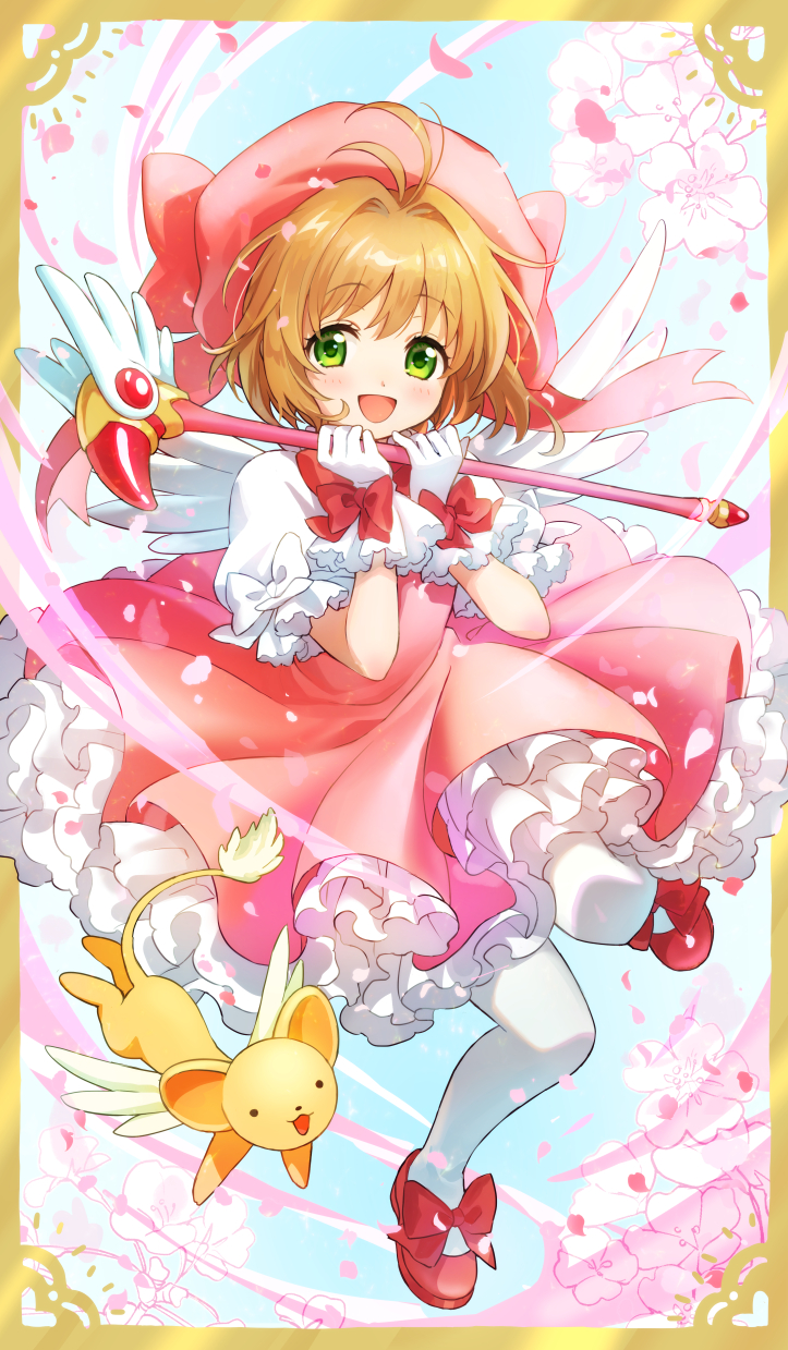 1girl cardcaptor_sakura dress fuuin_no_tsue gloves highres kero kinomoto_sakura puffy_short_sleeves puffy_sleeves red_footwear sakuro short_sleeves sleeveless sleeveless_dress