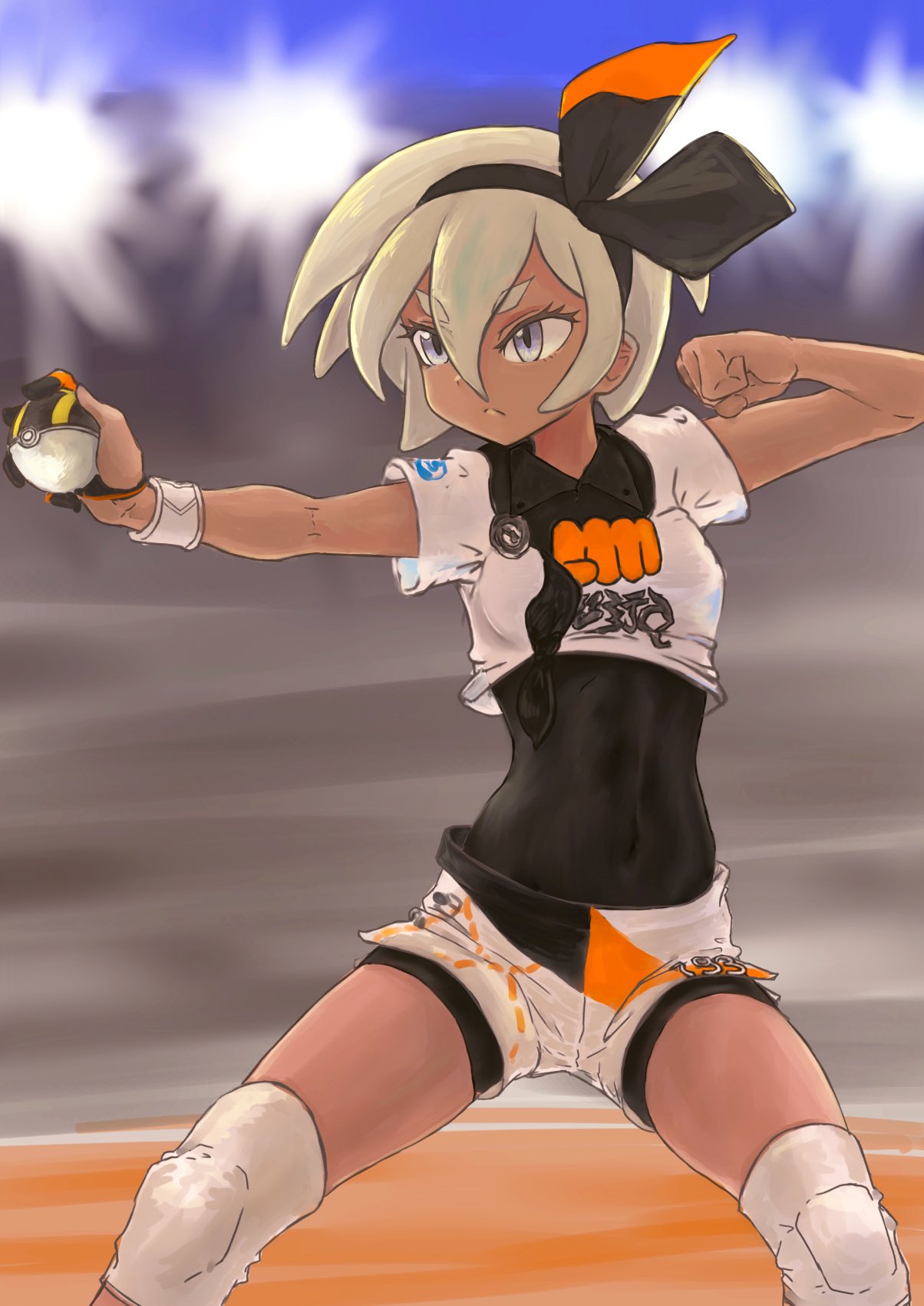 1girl abs black_bodysuit black_hairband blurry blurry_background bodysuit bodysuit_under_clothes clenched_hand closed_mouth commentary covered_navel dark_skin depth_of_field fighting_stance frown gloves grey_eyes grey_hair gym_leader hair_between_eyes hairband highres knee_pads nito_(nshtntr) orange_gloves poke_ball pokemon pokemon_(game) pokemon_swsh print_shirt print_shorts saitou_(pokemon) shirt short_hair short_shorts short_sleeves shorts single_glove solo standing tied_shirt two-tone_gloves ultra_ball white_shorts wristband
