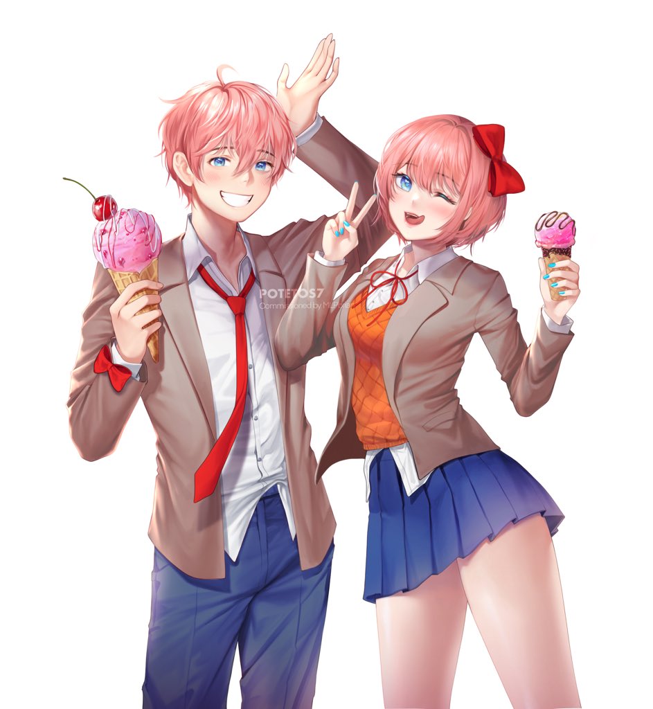 1boy 1girl ;d aqua_nails arm_up artist_name bangs blue_eyes blue_pants blue_skirt bow cherry commentary commission cowboy_shot doki_doki_literature_club eyebrows_visible_through_hair food fruit genderswap genderswap_(ftm) grey_jacket grin hair_between_eyes hair_bow hand_up ice_cream ice_cream_cone jacket long_sleeves looking_at_viewer necktie one_eye_closed open_clothes open_jacket open_mouth pants pink_hair pleated_skirt potetos7 red_bow red_neckwear sayori_(doki_doki_literature_club) school_uniform shirt short_hair simple_background skirt smile symbol_commentary tongue tongue_out v watermark white_background white_shirt wing_collar