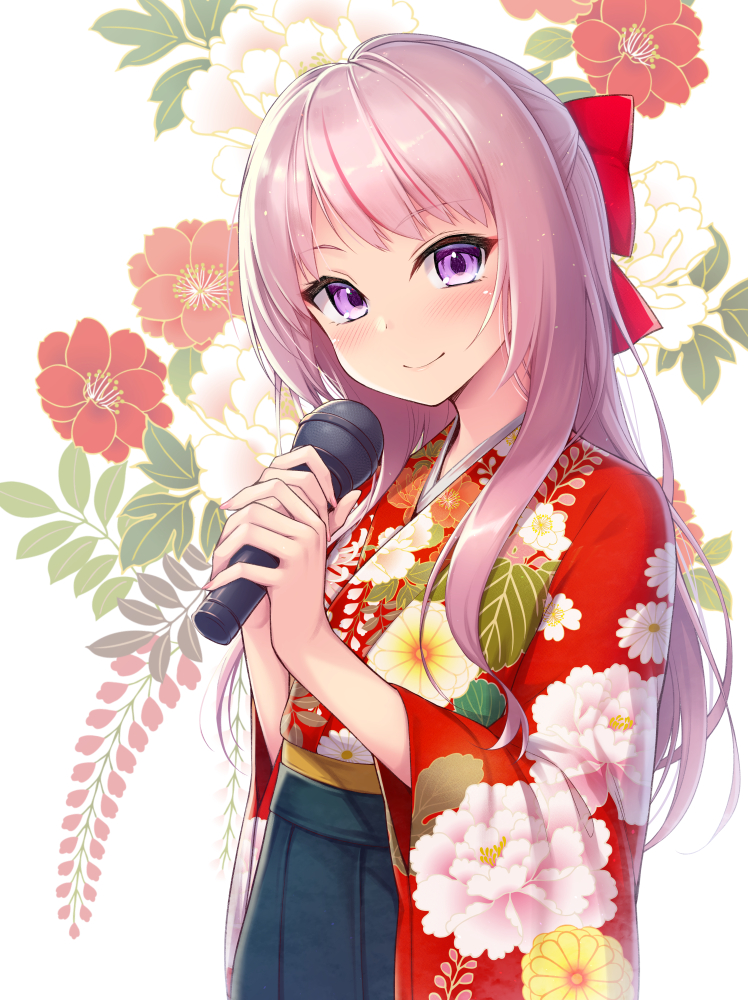 1girl bangs blush bow commentary_request eyebrows_visible_through_hair floral_print hair_bow himehina_channel holding holding_microphone japanese_clothes kimono long_hair looking_at_viewer microphone nullken pink_hair red_bow red_kimono smile solo tanaka_hime violet_eyes virtual_youtuber