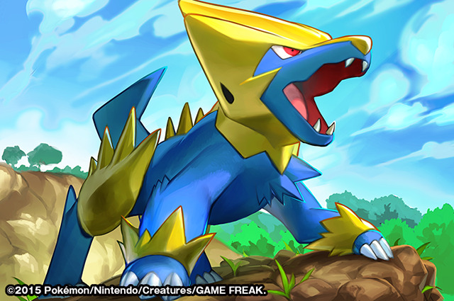 2015 blue_sky clouds cloudy_sky commentary creature day dog_focus english_commentary fangs full_body gen_3_pokemon grass looking_up manectric match_(idleslumber) multiple_sources no_humans open_mouth outdoors pokemon pokemon_(creature) pokemon_trading_card_game red_eyes sky solo standing tree watermark