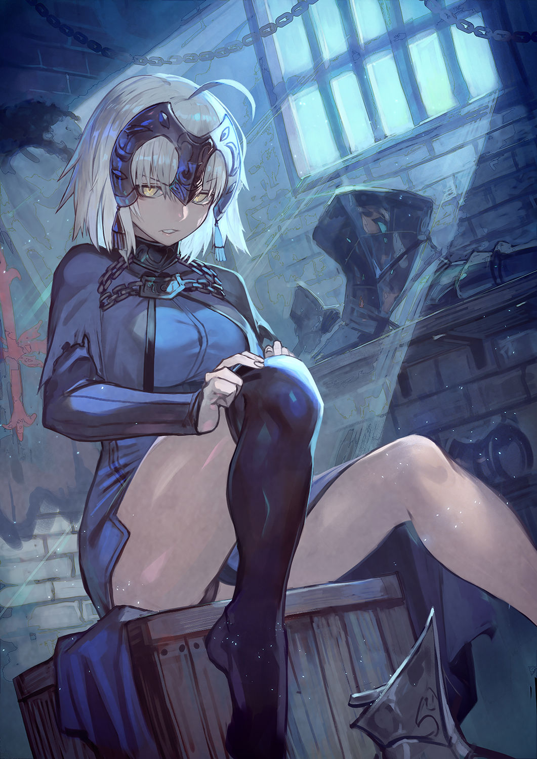 1girl ahoge armor bangs black_armor breastplate breasts chain collar crate fate/grand_order fate_(series) hair_between_eyes headpiece highres jeanne_d'arc_(alter)_(fate) jeanne_d'arc_(fate)_(all) lack large_breasts looking_at_viewer metal_collar parted_lips short_hair silver_hair sitting solo yellow_eyes