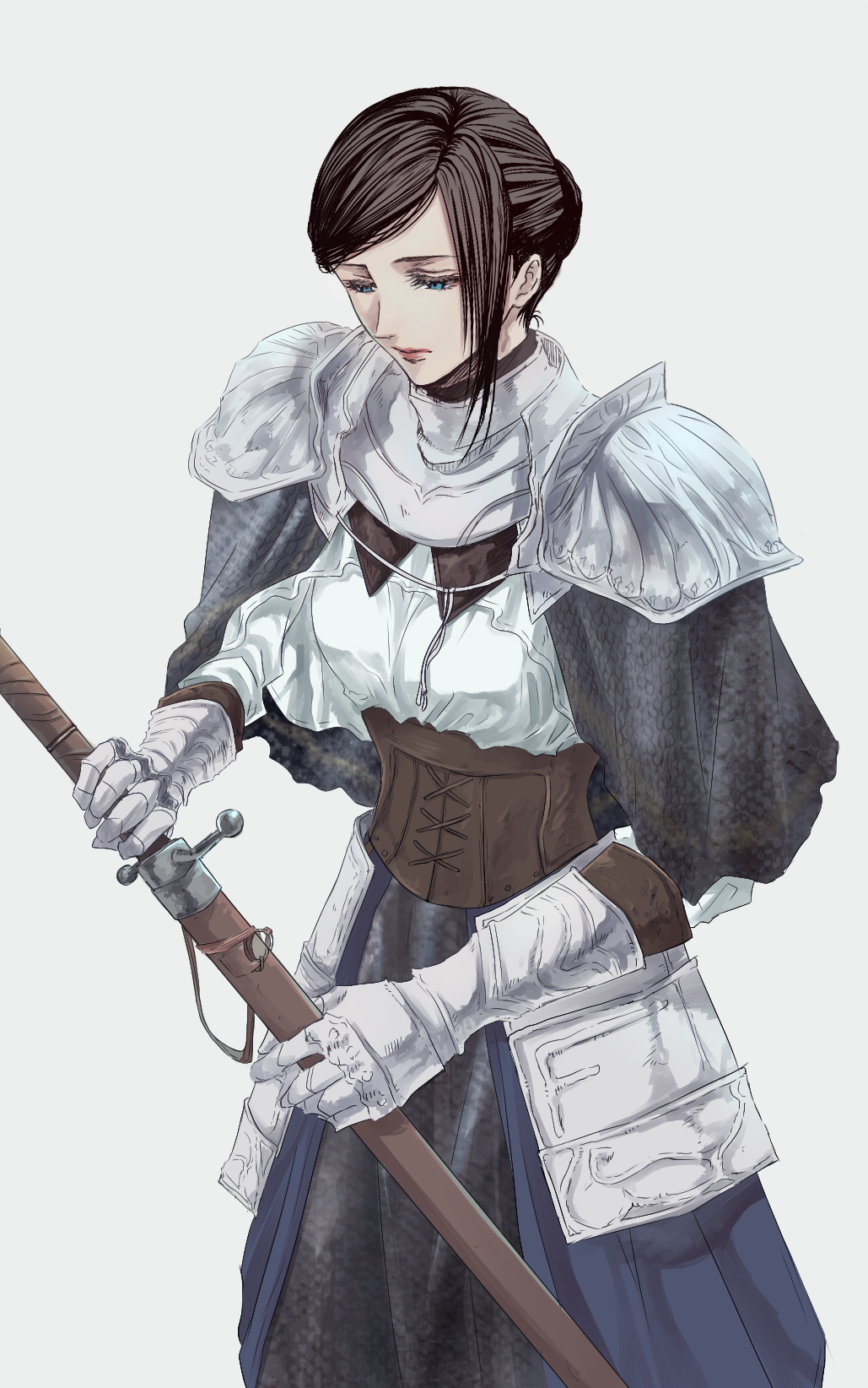1girl armor blue_eyes brown_hair corset dark_souls_(series) dark_souls_iii gauntlets gorget headwear_removed highres itsuki_(itsukiovo) puffy_short_sleeves puffy_sleeves short_sleeves shoulder_armor sirris_of_the_sunless_realms veil_removed weapon