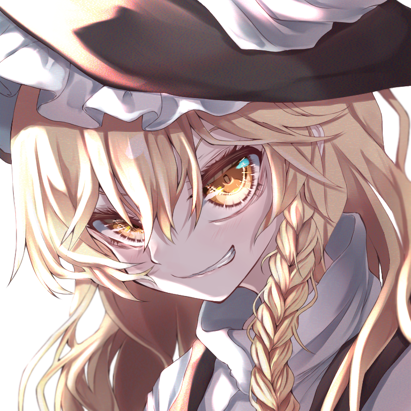 1girl black_vest blonde_hair commentary_request fall_dommmmmer hair_between_eyes hat head_tilt high_collar kirisame_marisa long_hair looking_at_viewer shaded_face shirt sidelighting simple_background sneer solo touhou upper_body very_long_hair vest white_background white_shirt witch_hat yellow_eyes