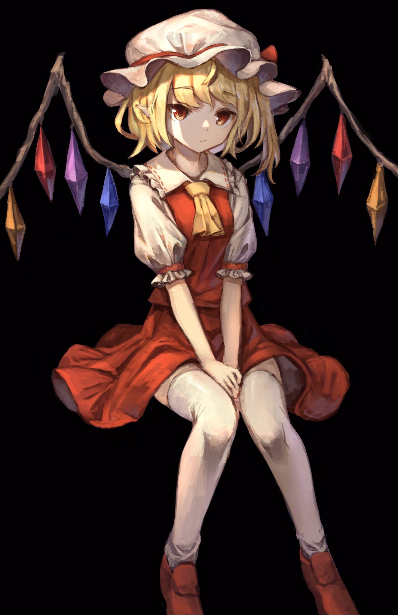 1girl :t arm_garter arm_strap arm_support ascot bangs between_legs black_background blonde_hair closed_mouth commentary_request crystal eyebrows_visible_through_hair flandre_scarlet frilled_shirt_collar frilled_sleeves frills full_body hand_between_legs hat hat_ribbon highres loafers looking_at_viewer mob_cap orange_eyes pointy_ears puffy_short_sleeves puffy_sleeves red_eyes red_footwear red_ribbon red_skirt red_vest ribbon ribbon-trimmed_collar ribbon_trim shadow shirt shoes short_hair short_sleeve_sweater short_sleeves sitting skirt solo thigh-highs touhou v_arms vest white_headwear white_legwear white_shirt wings yanyan_(shinken_gomi) yellow_neckwear zettai_ryouiki