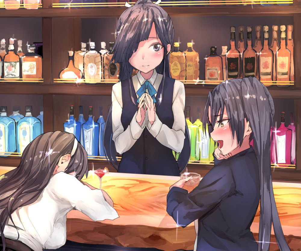 3girls alcohol ashigara_(kantai_collection) bangs bar black_hair blue_neckwear blush bottle breasts brown_hair closed_mouth cup eyebrows_visible_through_hair fingers_together glass hair_over_one_eye hair_ribbon hairband hayashimo_(kantai_collection) kantai_collection long_hair long_sleeves multiple_girls nachi_(kantai_collection) open_mouth ponytail ribbon shirt side_ponytail sparkle vest white_shirt yukiguni_yuu