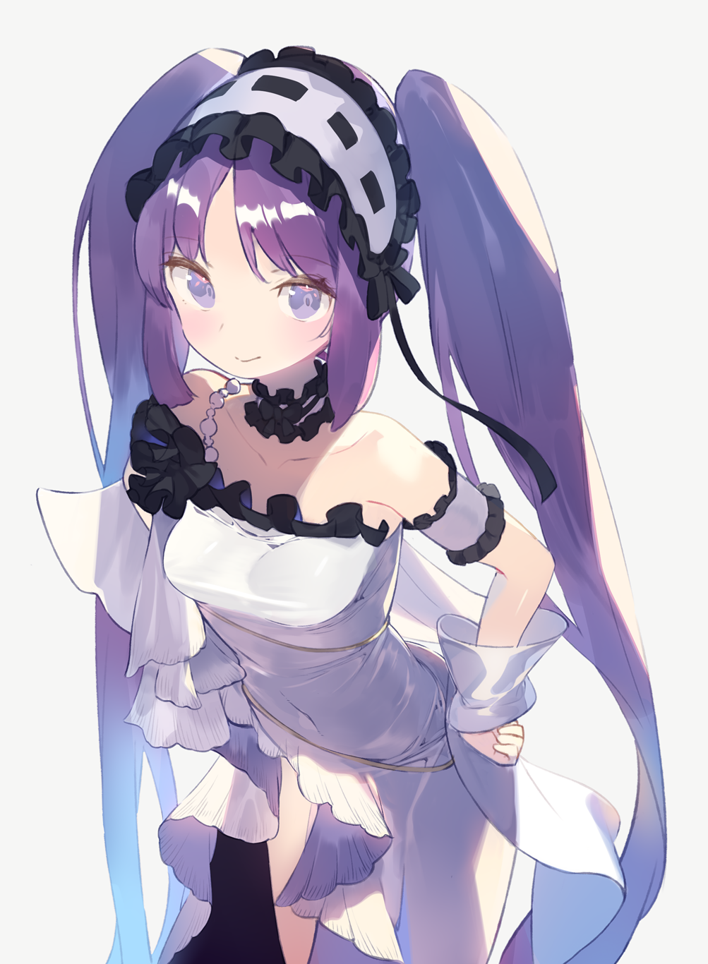 1girl bare_shoulders blush breasts choker dress euryale fate/grand_order fate/hollow_ataraxia fate_(series) frilled_hairband frills hairband hajime_(hajime-ill-1st) hands_on_hips headdress highres lace lace_choker lolita_hairband looking_at_viewer maid_headdress purple_hair see-through small_breasts smile solo thighs twintails violet_eyes white_background white_dress