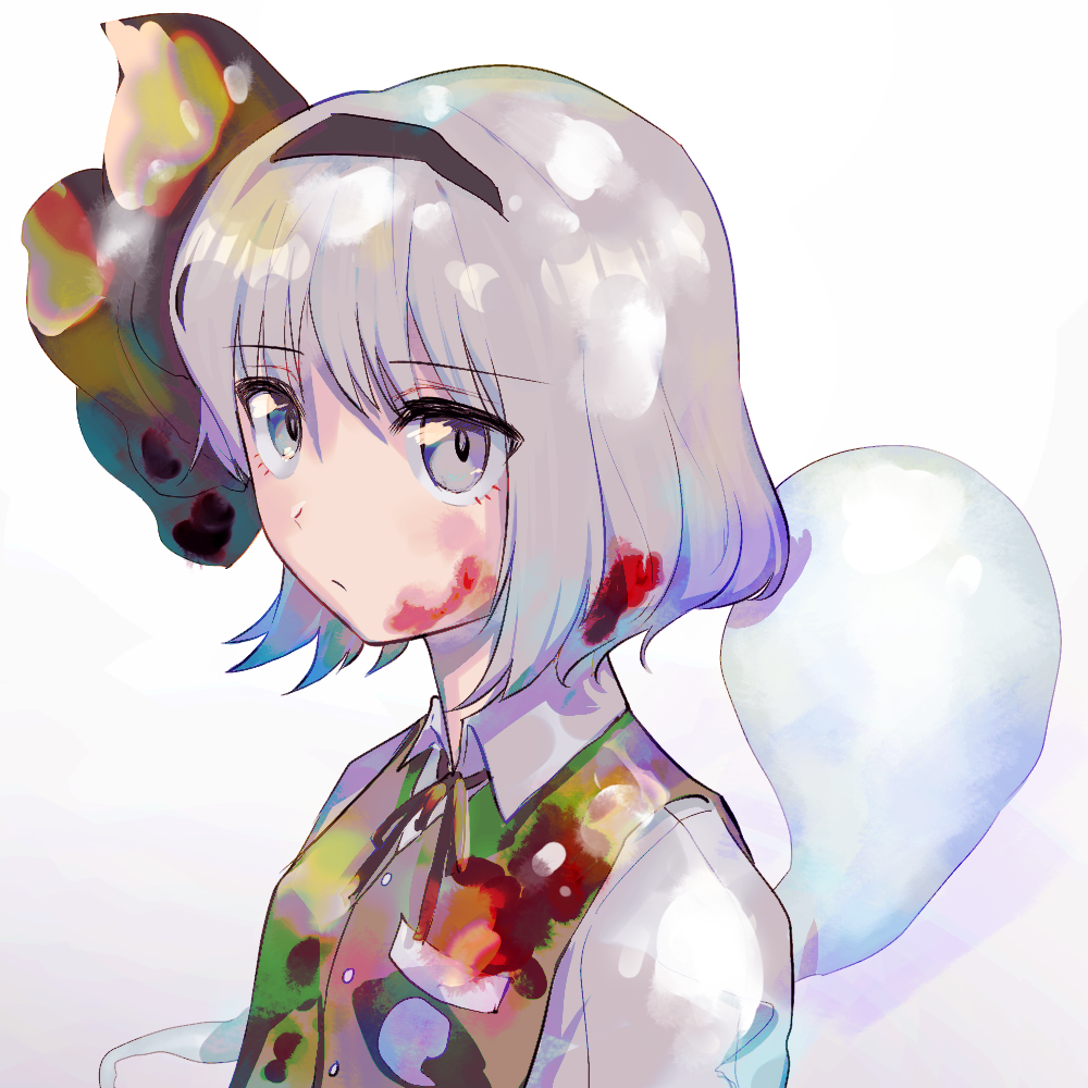 1girl ascot bangs black_ascot black_bow black_hairband black_ribbon blood bloody_clothes bow bowtie collared_shirt expressionless eyebrows_visible_through_hair eyes_visible_through_hair green_vest grey_eyes hair_ribbon hairband hitodama konpaku_youmu konpaku_youmu_(ghost) ribbon rin_(rin7kan7) shirt short_hair silver_hair solo touhou vest white_background white_hair white_shirt