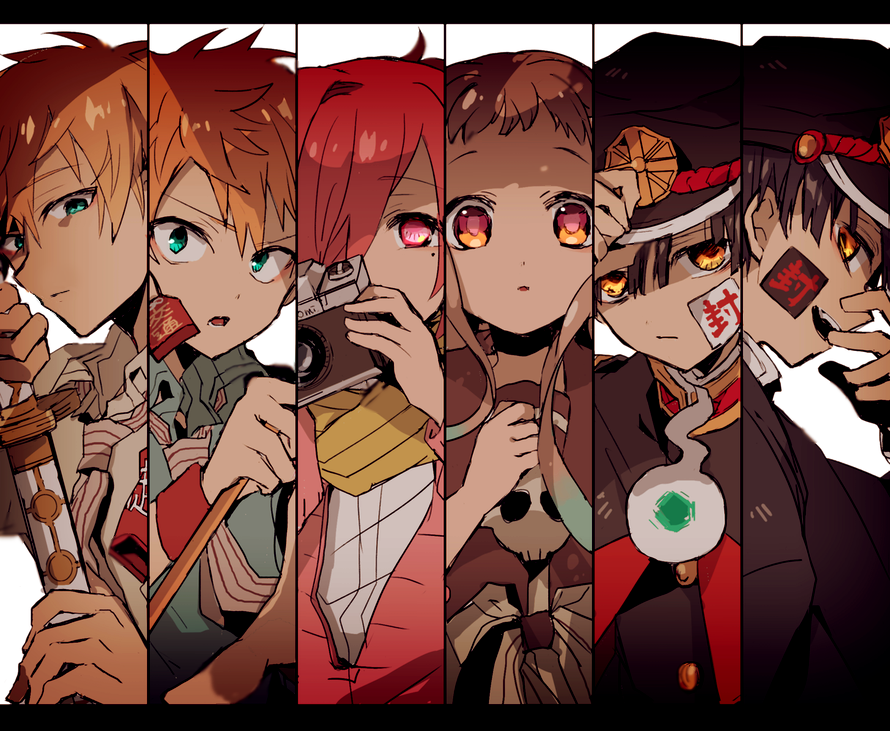 1girl 5boys amane_tsukasa armlet black_hair black_shirt blonde_hair blue_shirt bracelet camera gakuran gradient_hair green_eyes grey_hair hair_over_one_eye hanako_(jibaku_shounen_hanako-kun) hiiragi_fuyuki hitodama holding holding_camera holding_sword holding_weapon jewelry jibaku_shounen_hanako-kun long_hair long_sleeves looking_at_viewer minamoto_kou minamoto_teru mole mole_under_eye multicolored_hair multiple_boys necktie orange_eyes pin pink_cardigan pink_hair red_eyes sailor_collar scarf school_uniform sheath sheathed shirt short_bangs short_sleeves single_earring skull sousuke_mitsuba sword upper_body vertical-striped_neckwear weapon white_neckwear white_shirt yashiro_nene yellow_eyes