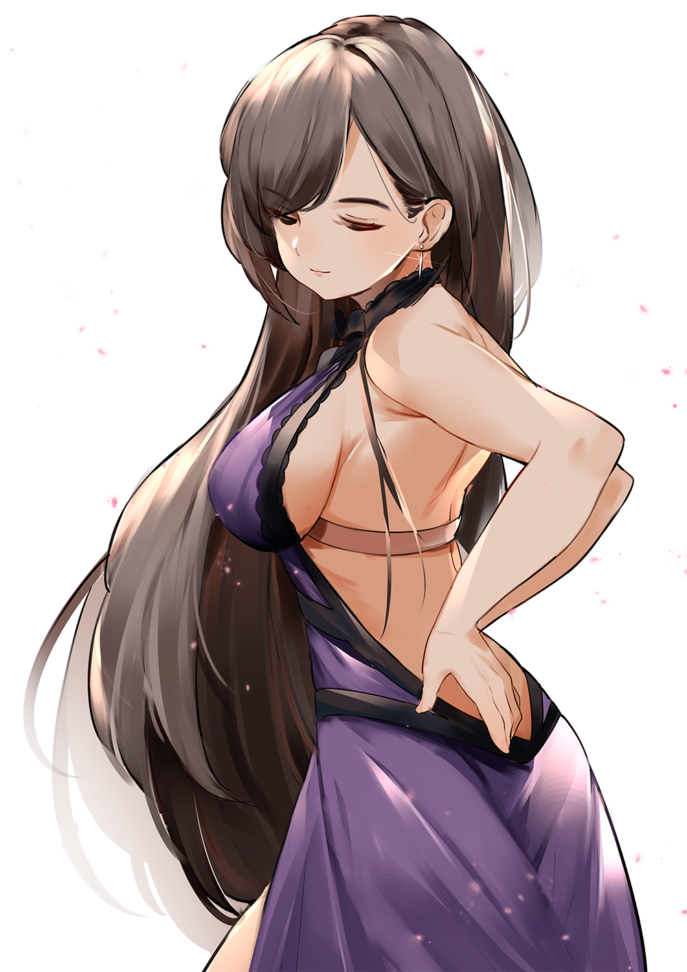 1girl backless_dress backless_outfit bra_strap breasts closed_eyes dress earrings eyebrows eyebrows_visible_through_hair eyes_visible_through_hair final_fantasy final_fantasy_vii final_fantasy_vii_remake hands_on_hips highres jewelry large_breasts long_hair majocc_(dusty051) purple_dress sideboob solo sparkle tifa_lockhart