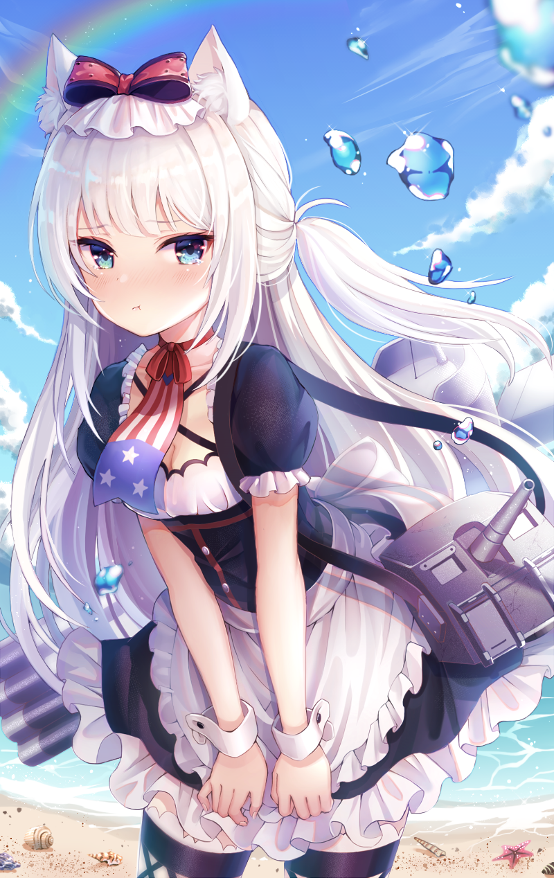 1girl animal_ears apron azur_lane blue_blood_moon blue_eyes blue_sky blush bow breasts cat_ears cat_girl clouds dress eyebrows_visible_through_hair hair_bow hair_ribbon hammann_(azur_lane) highres long_hair looking_at_viewer maid maid_apron maid_dress maid_headdress open_mouth puffy_sleeves ribbon short_sleeves silver_hair sky solo thigh-highs very_long_hair white_hair