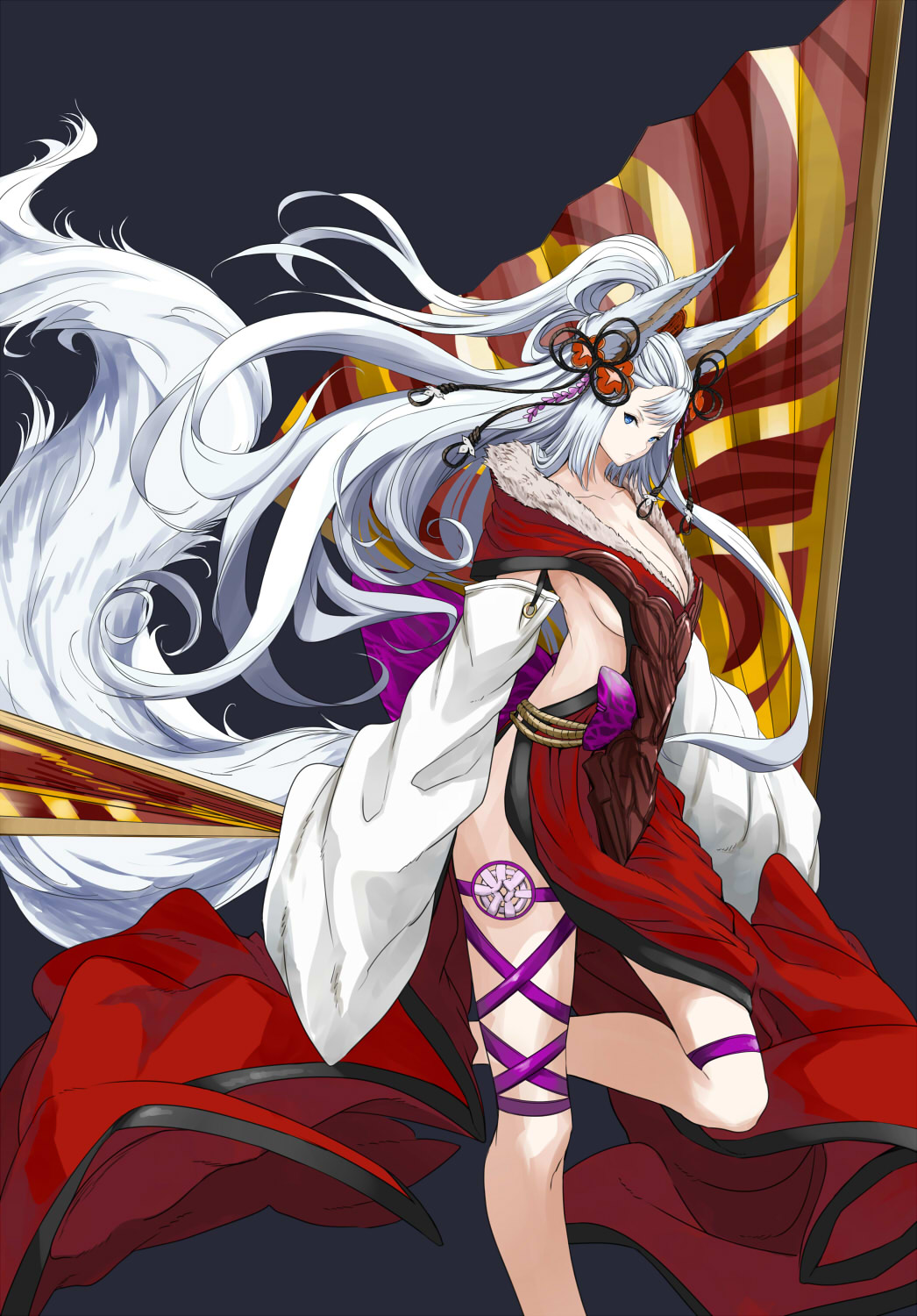 animal_ears anklet backless_outfit bell blush breasts detached_sleeves dress erune fan folding_fan fox_ears fox_shadow_puppet fox_tail fur_trim granblue_fantasy hair_bell hair_ornament highres jewelry jingle_bell long_hair null_hamamo sideboob sideless_outfit silver_hair socie_(granblue_fantasy) tail