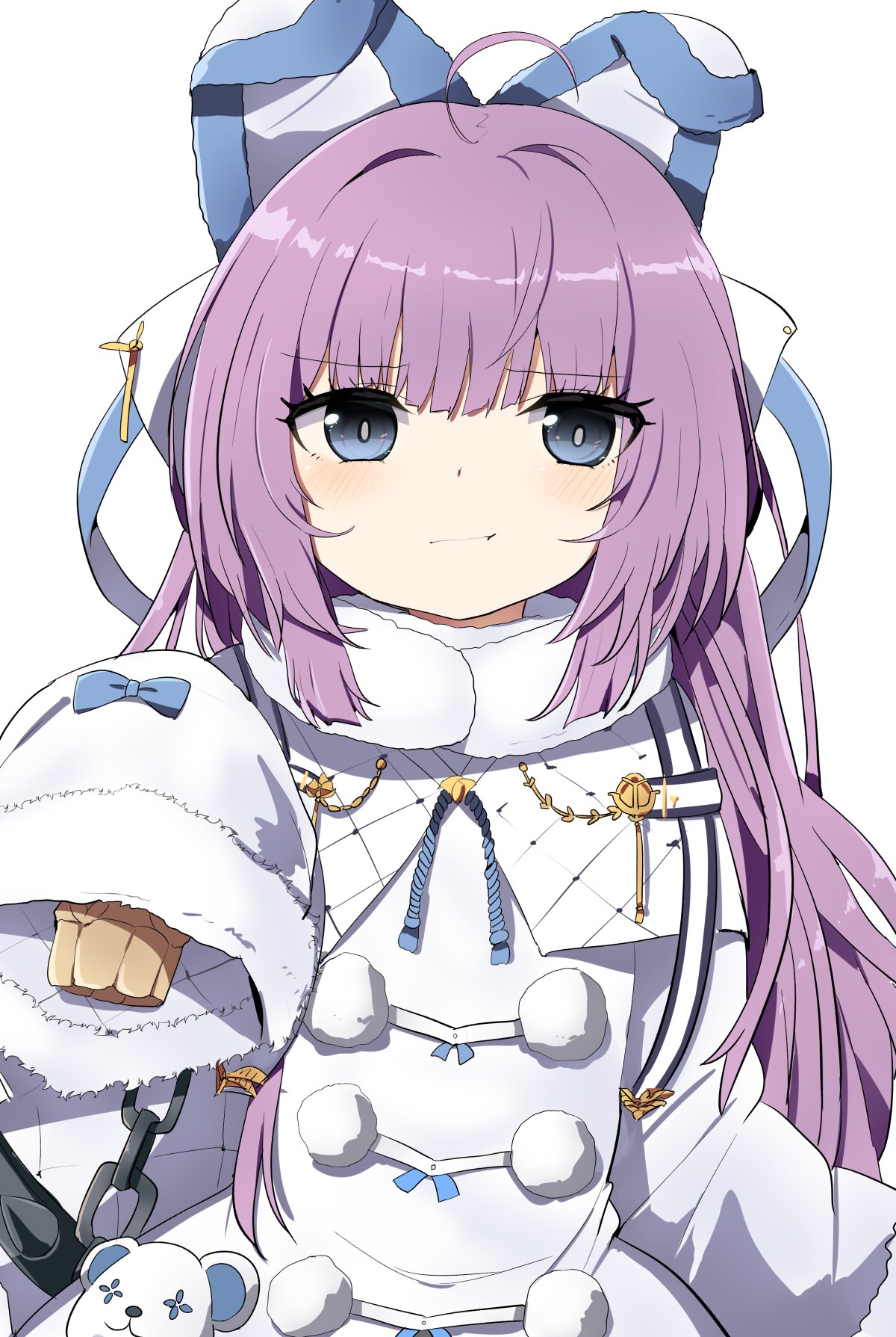 1girl animal_ears azur_lane bangs blue_eyes coat commentary_request dress eyebrows_visible_through_hair fake_animal_ears fur-trimmed_sleeves fur_trim highres long_hair long_sleeves purple_hair simple_background sleeves_past_fingers sleeves_past_wrists solo sweater sweater_dress tashkent_(azur_lane) tonari_(ichinichime_azuma) upper_body very_long_hair very_long_sleeves white_background white_coat wide_sleeves winter_clothes