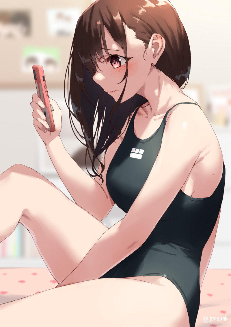 1girl blurry blurry_background blush brown_hair cellphone commentary_request competition_swimsuit depth_of_field from_side holding holding_phone jonsun long_hair looking_at_phone mole mole_under_eye one-piece_swimsuit original phone sitting solo swimsuit wet wet_hair