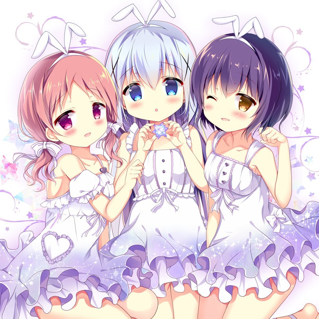 3girls :d animal_ears azumi_kazuki bare_arms bare_shoulders blue_eyes blue_hair blush bow breasts brown_eyes brown_hair chimame-tai collarbone commentary_request constellation_print detached_sleeves dress fake_animal_ears frills girl_sandwich gochuumon_wa_usagi_desu_ka? hair_bow hair_ornament hairband hand_up hands_up heart jouga_maya kafuu_chino long_hair low_twintails multiple_girls natsu_megumi open_mouth parted_lips pleated_dress puffy_short_sleeves puffy_sleeves purple_hair rabbit_ears ribbon sandwiched short_sleeves sleeveless sleeveless_dress small_breasts smile star striped striped_bow twintails unmoving_pattern very_long_hair white_bow white_dress white_hairband white_ribbon white_sleeves x_hair_ornament