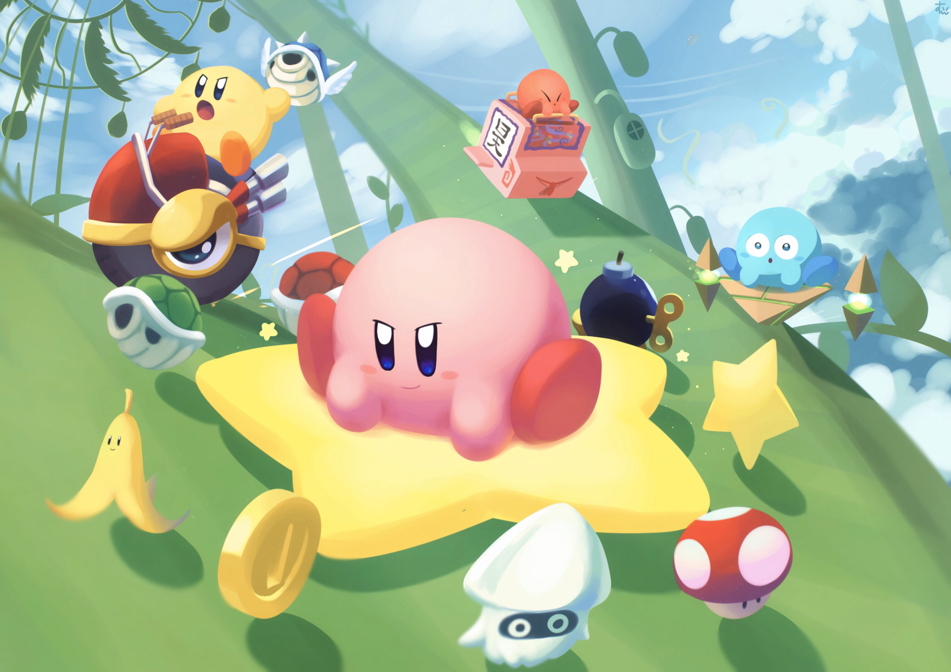 Safebooru - >:) >:o \./ banana peel bean stalk blooper blue shell blue sky  bob-omb clouds coin green shell highres kirby kirby (series) kirby air ride  mario kart mushroom o o red