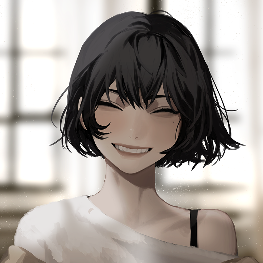 1girl 1l9l2aa8ucl0igj bangs bare_shoulders black_hair closed_eyes cup face grey_eyes korean_commentary looking_to_the_side mole mole_under_eye mug off_shoulder original short_hair smile strap window