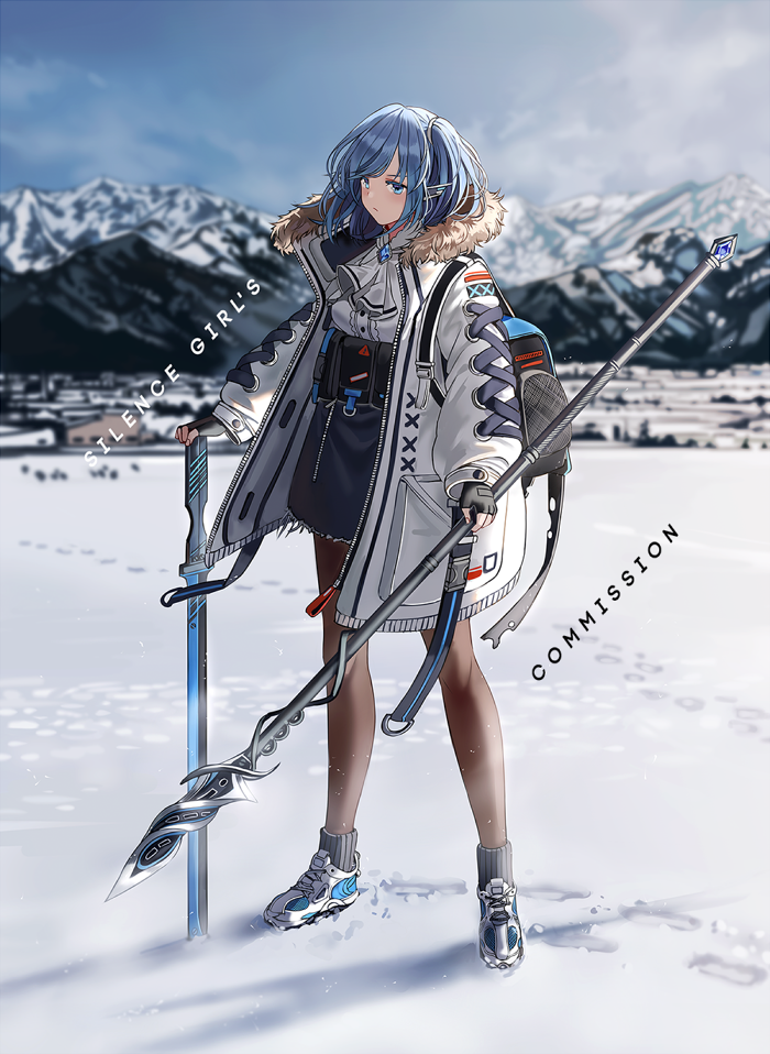 1girl artist_name backpack bag bangs black_gloves blue_eyes blue_hair blue_skirt blurry blurry_background clouds cloudy_sky fingerless_gloves footprints gloves holding holding_weapon jacket landscape mountain one_side_up open_clothes open_jacket original pantyhose polearm shadow shirt shoes short_hair sidelocks silence_girl skirt sky sneakers snow solo spear swept_bangs sword symbol_commentary weapon white_jacket white_shirt