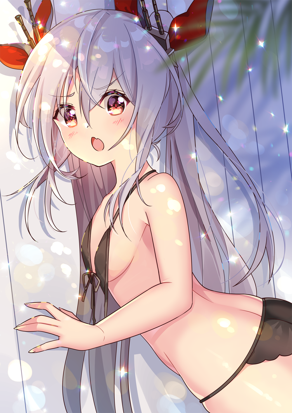 1girl albino ass azur_lane bikini bikini_top black_bikini blush breasts fang from_side front-tie_bikini front-tie_top fujishiro_kokoa hair_between_eyes highres leaf looking_at_viewer open_mouth red_eyes red_ribbon ribbon sideboob silver_hair small_breasts solo swimsuit twintails untied untied_bikini vampire_(azur_lane)