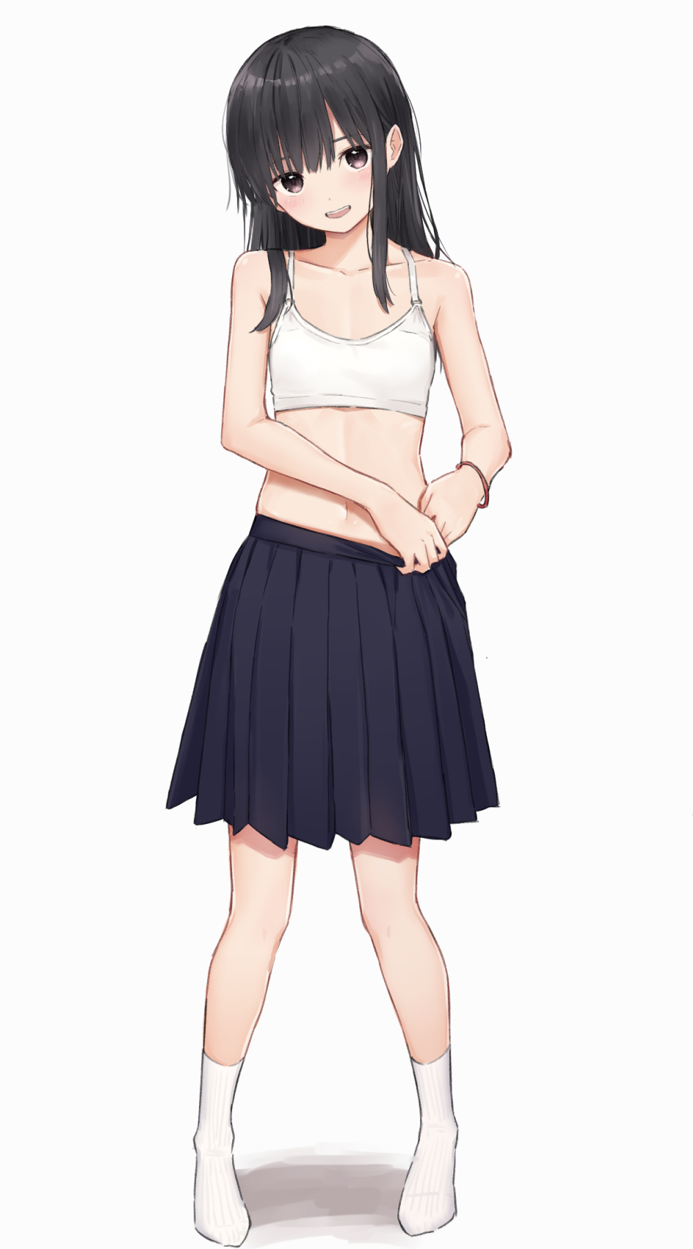 1girl :d bare_arms bare_shoulders black_hair black_skirt brown_eyes collarbone crop_top flat_chest full_body head_tilt highres long_hair looking_at_viewer midriff navel no_shoes open_mouth original pleated_skirt shirt sidelocks simple_background skirt sleeveless sleeveless_shirt smile socks solo standing undershirt white_background white_legwear white_shirt zuima