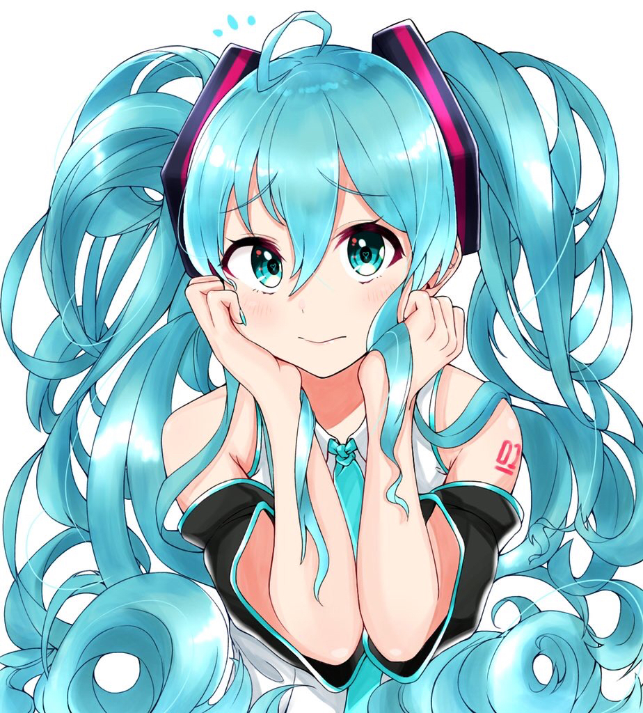 1girl ahoge aqua_eyes aqua_hair black_sleeves detached_sleeves hair_between_eyes hands_on_own_face hatsune_miku koba_cha long_hair looking_at_viewer nail_polish necktie number_tattoo shirt shoulder_tattoo simple_background sleeveless sleeveless_shirt solo tattoo twintails upper_body very_long_hair vocaloid white_background white_shirt