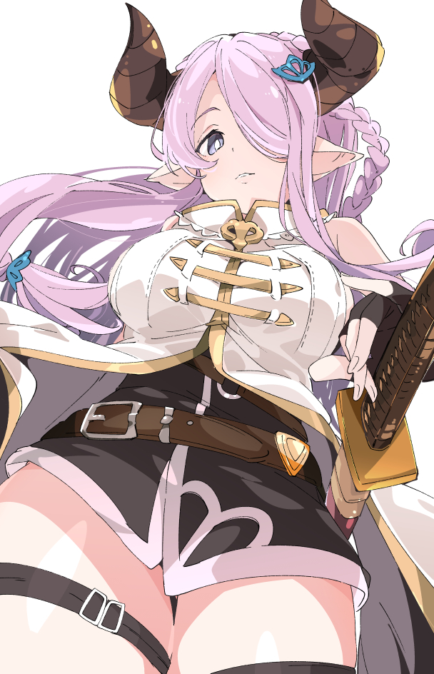 1girl belt black_gloves blue_eyes braid breasts brown_belt draph fingerless_gloves gloves granblue_fantasy hair_ornament hair_over_one_eye horns ixy katana large_breasts lavender_hair leg_garter long_hair looking_at_viewer narmaya_(granblue_fantasy) pointy_ears simple_background single_braid solo sword weapon white_background