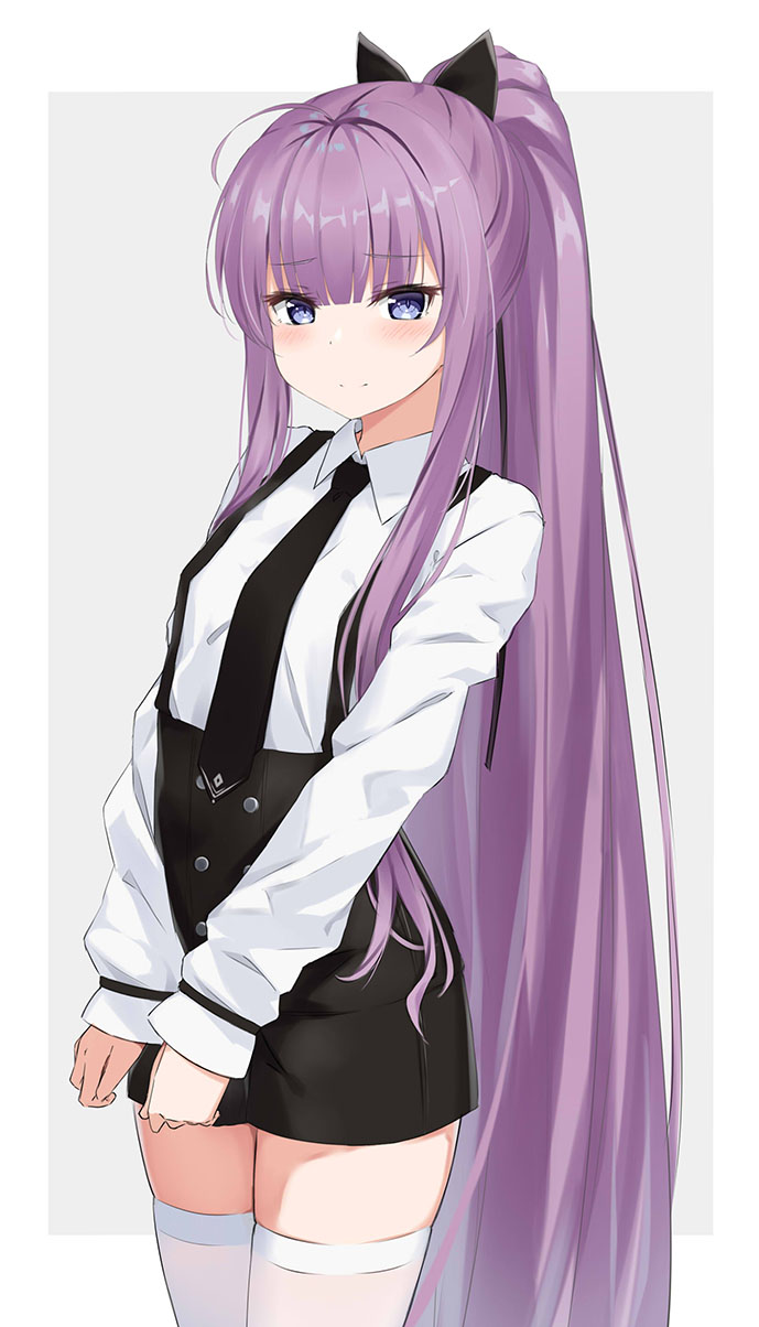 1girl azur_lane bangs black_neckwear black_ribbon black_shorts blue_eyes blush closed_mouth collared_shirt commentary_request eyebrows_visible_through_hair grey_background hair_ribbon high-waist_shorts high_ponytail highres kohakope long_hair long_sleeves looking_at_viewer necktie ponytail purple_hair ribbon shirt short_shorts shorts sleeves_past_wrists smile solo standing suspender_shorts suspenders tashkent_(azur_lane) thigh-highs two-tone_background very_long_hair white_background white_legwear white_shirt