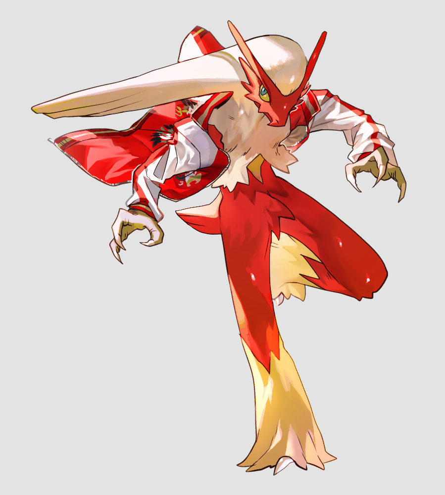 blaziken blue_eyes claws closed_mouth clothed_pokemon full_body furry gen_3_pokemon grey_background jacket leg_up long_hair long_sleeves newo_(shinra-p) no_humans open_clothes open_jacket pokemon pokemon_(creature) red_jacket shiny shiny_skin simple_background solo standing standing_on_one_leg tail white_hair yellow_sclera