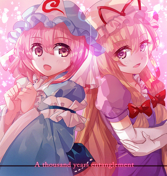 2girls :o arm_garter arms_up back-to-back blonde_hair blue_headwear blue_kimono clenched_hands commentary_request crossed_arms dress elbow_gloves english_text eyebrows_visible_through_hair gloves hair_between_eyes hair_ribbon hand_on_own_elbow hat hat_ribbon heart heart-shaped_pupils japanese_clothes kimono long_hair long_sleeves looking_at_viewer mob_cap multiple_girls nagare open_mouth pink_eyes pink_hair puffy_short_sleeves puffy_sleeves purple_background purple_dress ribbon saigyouji_yuyuko short_hair short_sleeves sidelocks splatter_background standing symbol-shaped_pupils touhou tress_ribbon triangular_headpiece upper_body very_long_hair violet_eyes white_gloves yakumo_yukari