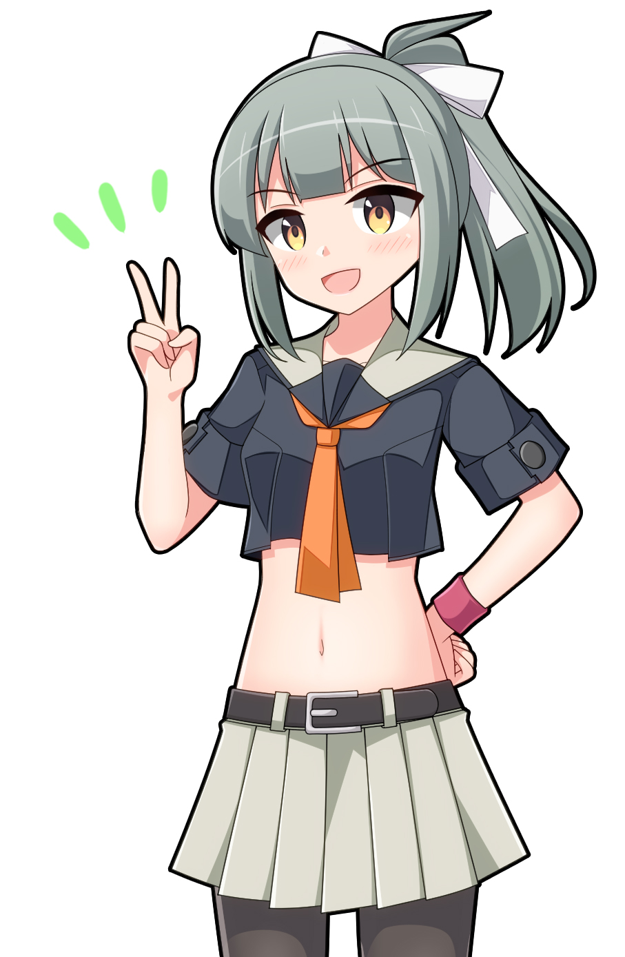 1girl belt black_shirt bow brown_eyes commentary_request cowboy_shot crop_top grey_hair grey_skirt hair_bow highres kantai_collection long_hair looking_at_viewer midriff navel pantyhose ponytail remodel_(kantai_collection) saratoga_(scharn) school_uniform serafuku shirt simple_background skirt smile solo standing v white_background wristband yuubari_(kantai_collection)