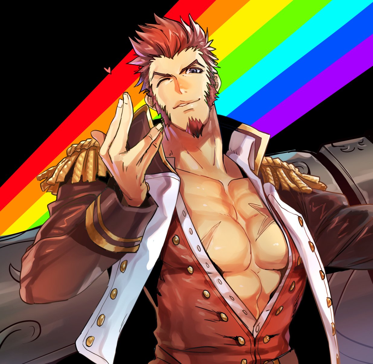 1boy abs beard blue_eyes brown_hair chest epaulettes facial_hair fate/grand_order fate_(series) highres karipaku_okusare long_sleeves looking_at_viewer male_focus military military_uniform muscle napoleon_bonaparte_(fate/grand_order) open_clothes pectorals rainbow scar simple_background smile solo uniform upper_body