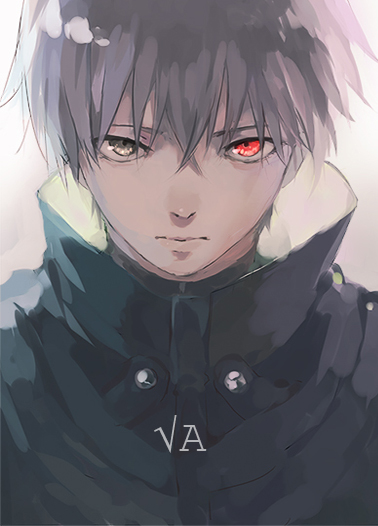 1boy closed_mouth face fuurin grey_eyes grey_hair hair_between_eyes heterochromia kaneki_ken male_focus red_eyes solo tokyo_ghoul turtleneck